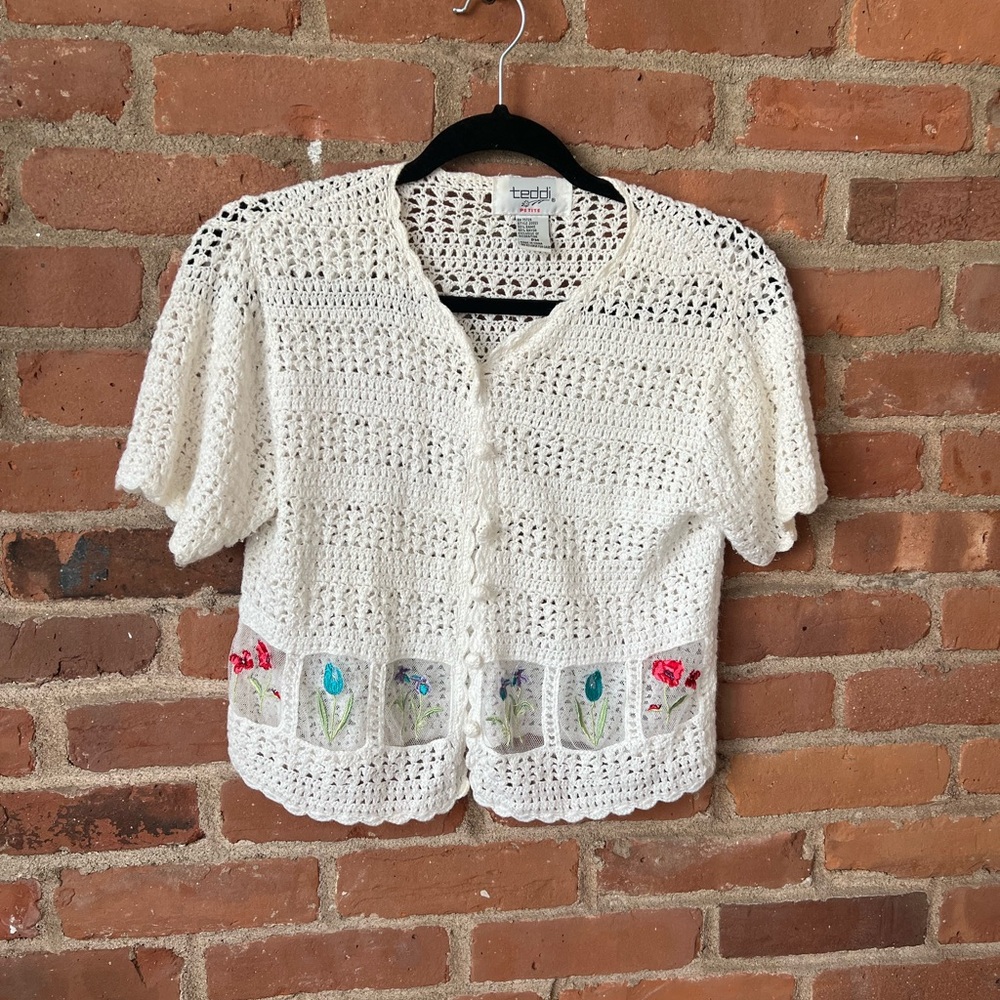 Teddi White Crochet Cardigan with Floral Accents USA M